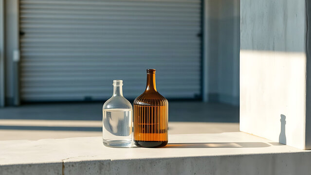 Unbranded service station corner with glass carboy and ribbed demijohn, industrial storage concept.