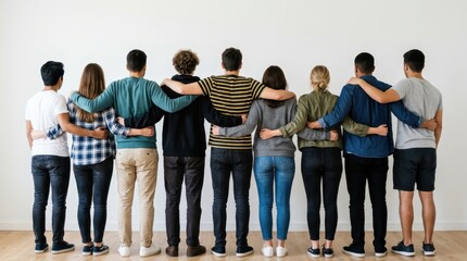 Obraz premium Diverse Group of Young Friends Standing Together with Arms Around Each Other Back View Unity and Teamwork Concept