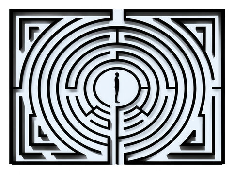 Una figura umana solitaria in piedi al centro di un complesso labirinto circolare nero su sfondo bianco, che rappresenta la ricerca di soluzioni, la sfida mentale e il percorso verso la chiarezza.