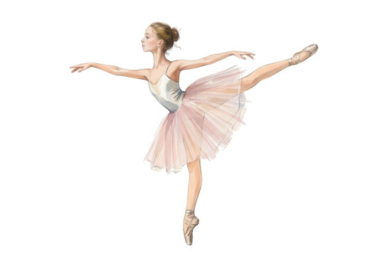 Illustrazione digitale di una giovane ballerina classica che esegue un elegante passo di danza in tut&ugrave; rosa su sfondo bianco, catturando grazia, movimento e disciplina artistica.