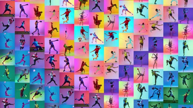 Vibrant stop motion collage presents athletes from multiple sports in vertical tiles. Concept of multisport competition, athlete diversity, sports media and event advertising.