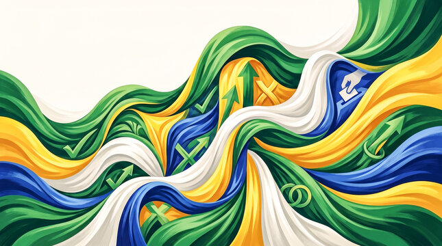 Abstract Brazilian political concept illustration featuring dynamic flowing green, yellow, and blue ribbons with growth arrows and voting ballot icons