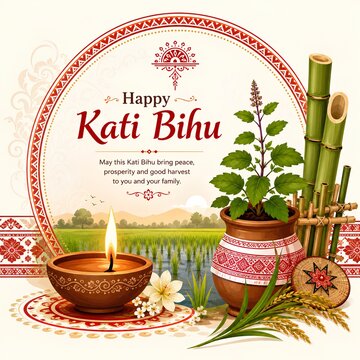 Happy Kati Bihu celebration greeting with traditional elements - ai generative