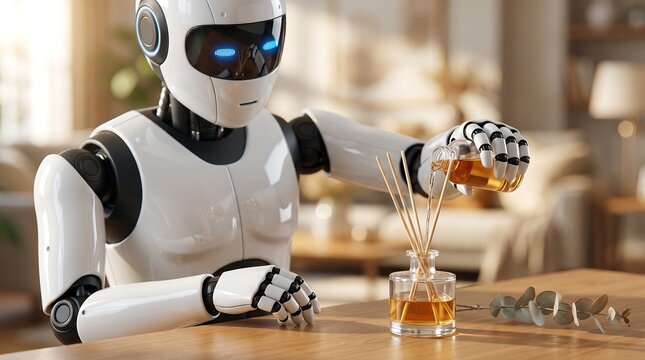 A white and black robot carefully pours liquid from a small bottle into a diffuser with reeds on a wooden table.