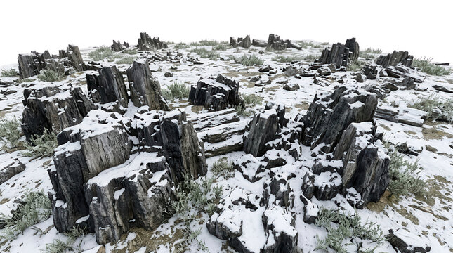 Antichi tronchi di legno pietrificato e formazioni rocciose coperti da un leggero strato di neve fresca in un paesaggio invernale.