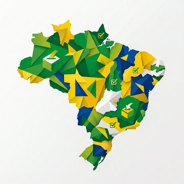 Abstract Low Poly Map of Brazil with Election and Voting Symbols in National Colors