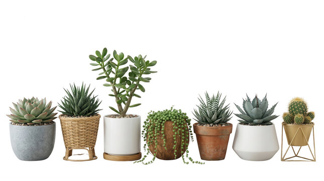 Collezione di piante succulente e cactus in vasi diversi isolati su sfondo bianco, perfetti per la decorazione d'interni e il giardinaggio domestico.