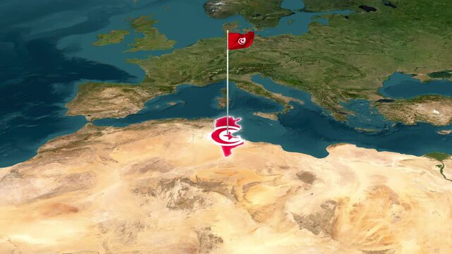 3D Satellite Map View Highlighting Tunisia with Flag Texture and Waving National Flag