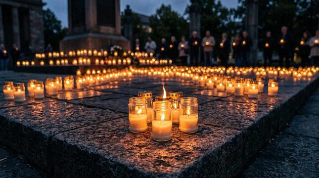 Evening memorial vigil with rows of lit candles on stone plaza at dusk