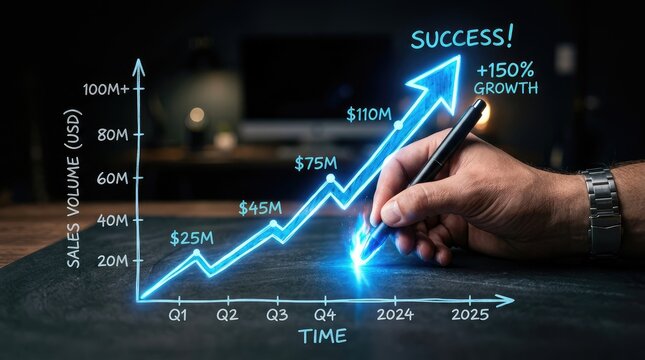 Hand drawing success growth chart on dark desk with sales volume