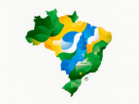 Map of Brazil vector illustration in national flag colors with voting ballot box icon representing elections and democracy