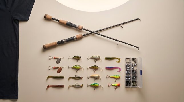 Fishing Rods and Tackle Flat Lay on Neutral Background