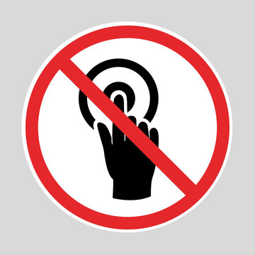 Prohibition sign indicating no button pressing, featuring a black finger pressing a button crossed out by a red slash.