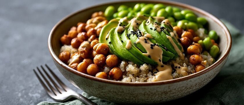 Healthy Buddha bowl with quinoa, avocado, roasted chickpeas and edamame beans