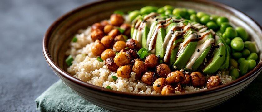 Healthy Buddha bowl with quinoa, avocado, roasted chickpeas and edamame beans