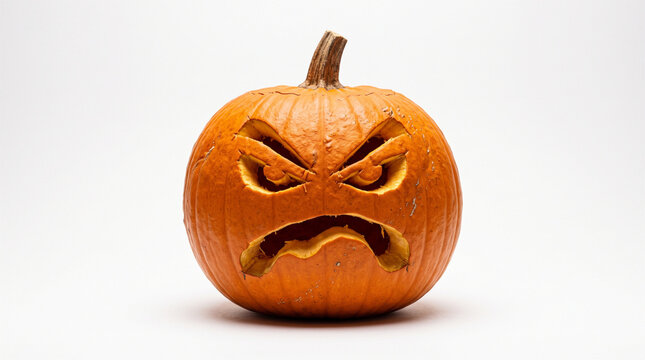 Carved Halloween pumpkin with an angry face, isolated on white background