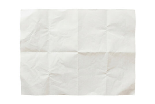 Foglio di carta bianca spiegazzato e piegato in otto parti, isolato su sfondo bianco, ideale come texture o mockup per progetti grafici.