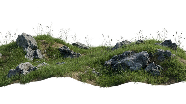 Porzione di terreno collinare con erba verde, rocce scure e piccoli arbusti isolata su sfondo bianco, ideale per fotomontaggi e rendering.
