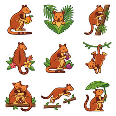 Obraz premium Cute marsupial character set with jungle foliage and fruits