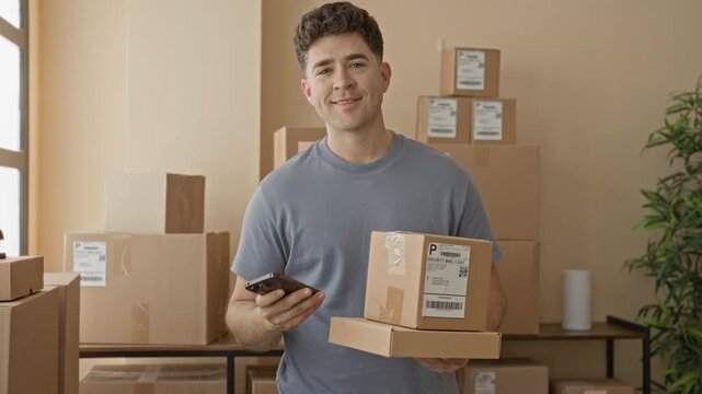 Man holding packages and smartphone, hand tapping screen in a packing studio with stacked parcels and labels; entrepreneurial confidence.