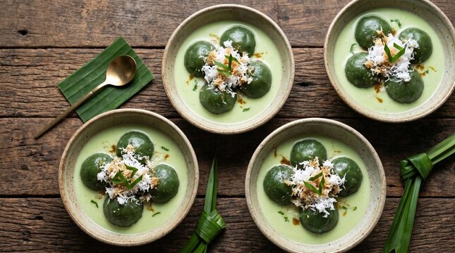 Four bowls of Indonesian kue bugis mandi, green pandan glutinous rice balls in pandan vla sauce topped with grated coconut and brown sugar, flat lay on wooden table.