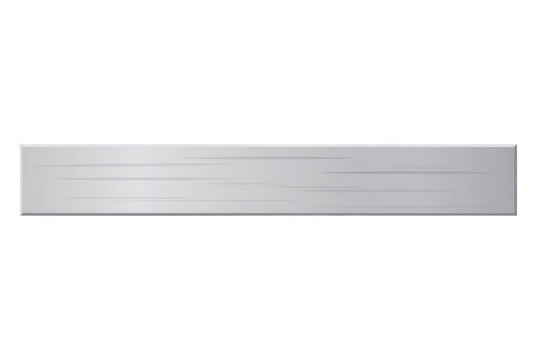 Banner rettangolare in metallo spazzolato argentato isolato su sfondo bianco, elemento grafico minimalista per design web.