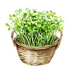 Naklejka premium Cress Bouquet In A Basket, vibrant painting vector in watercolor style with playful brushwork and lively colors, isolated on a white background.