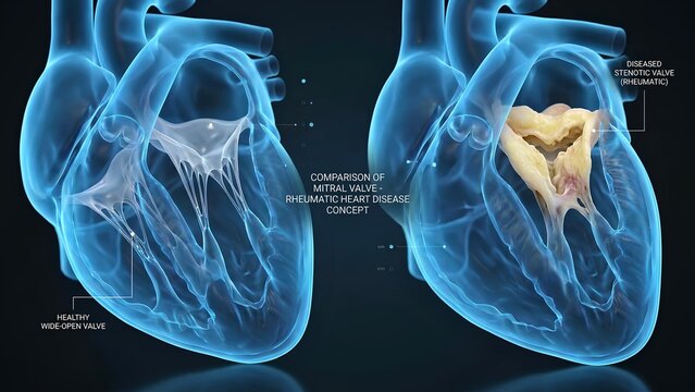 Comparison of Healthy and Stenotic Mitral Valve in Rheumatic Heart Disease Medical Illustration