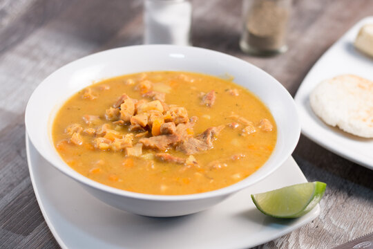 Traditional colombian mondongo tripe soup serving lime