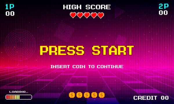 PRESS START. INSERT A COIN TO CONTINUE. pixel art 8 bit. Retro Futurism Sci-Fi Background. glowing neon grid and stars from vintage arcade computer games