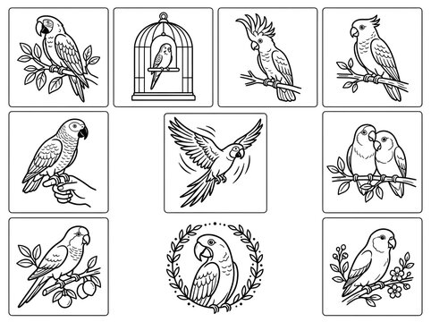 A collection of hand drawn parrot illustrations featuring various tropical birds in different poses sitting on branches and inside a decorative bird cage