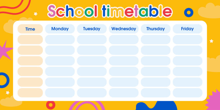 Back to school timetable weekly lesson schedule planner with bright colorful typography and cute groovy abstract shapes. Kids organizer chart for elementary classroom wall decor, vector illustration