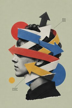 Thoughts pulling in every direction, a wrapped head illustrating indecision, mental clutter, overthinking and the search for clarity