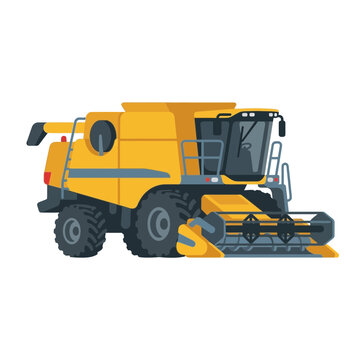 Modern yellow combine harvester cutting through agricultural field.