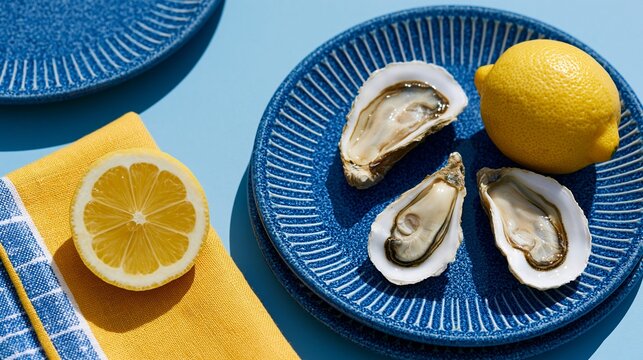 Summer nautical flat lay with oysters and lemons on blue surface. Coastal Mediterranean concept with yellow striped linen napkin