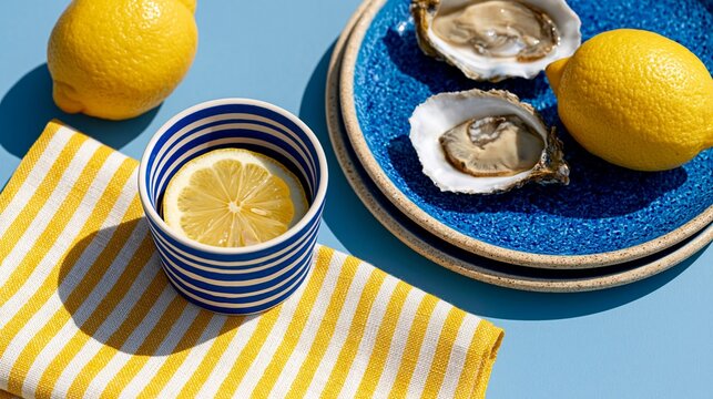 Summer nautical flat lay with oysters and lemons on blue surface. Coastal Mediterranean concept with striped linen napkin and bowl