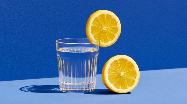 Clear liquid in a glass with lemon slice and half lemon on blue surface. Summer nautical still life with citrus on cobalt blue backdrop, coastal Mediterranean concept
