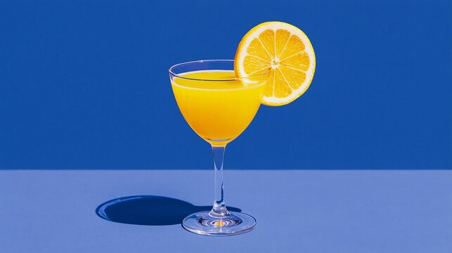 Yellow cocktail in a stemmed glass with lemon slice on blue surface. Summer nautical still life with citrus drink on cobalt blue backdrop, coastal Mediterranean concept