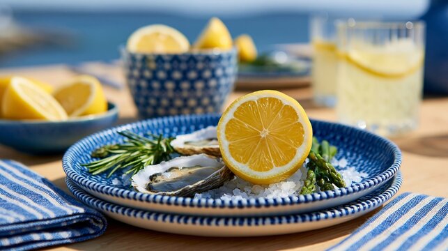 Summer nautical table setting with oysters on ice and lemon on blue plate. Coastal Mediterranean brunch concept by the ocean