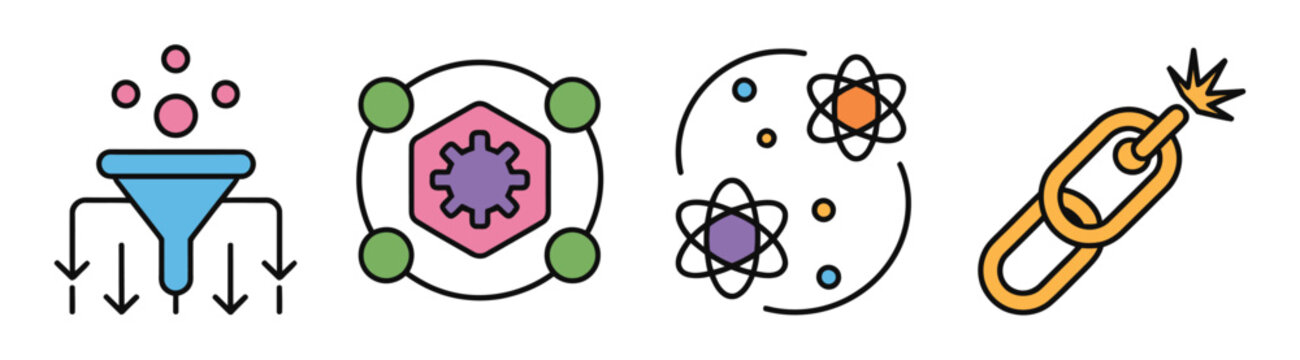 Quantum computing and artificial intelligence vector icon set, future technology, science, big data, and supercomputer illustration symbols for web design and digital workflow.