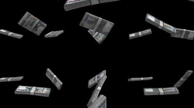 Mexico Money, Mexican Peso Banknotes Falling On Black Background, MXN Currency Stacks Dark Cinematic, 4K