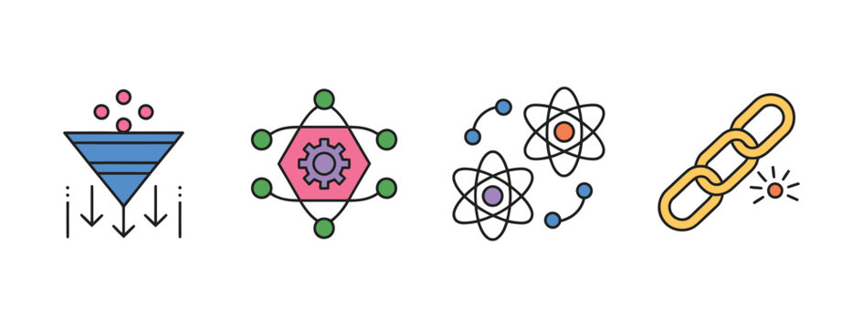 Quantum computing and artificial intelligence vector icon set, future technology, science, big data, and supercomputer illustration symbols for web design and digital workflow.