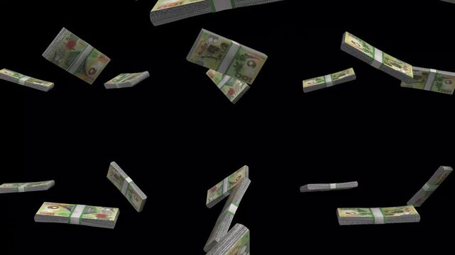 Papua New Guinea Money, Papua New Guinean Kina Banknotes Falling On Black Background, PGK Currency Stacks Dark Cinematic, 4K