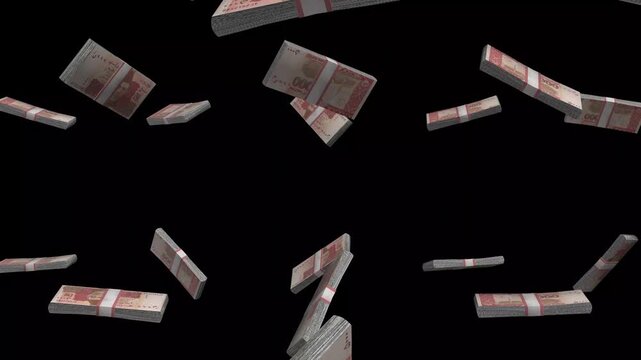 Pakistan Money, Pakistani Rupee Banknotes Falling On Black Background, PKR Currency Stacks Dark Cinematic, 4K