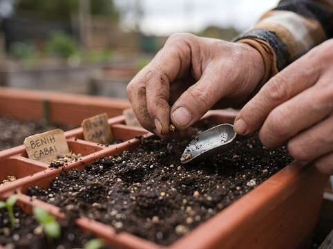 Gardener planting seeds in wooden planter box in outdoor garden