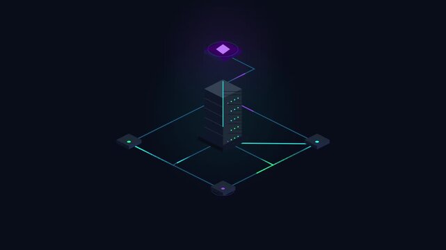 Isometric 3D Server Network with Glowing Data Icon and Cyber Security Concept
