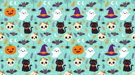 Seamless halloween pattern with cute ghosts, cats, pumpkins, and skulls