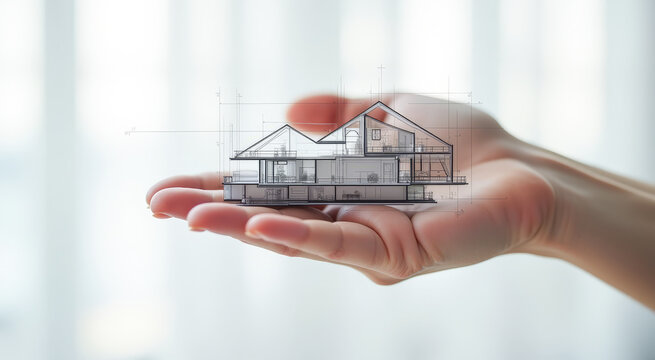 close‑up of the architect&rsquo;s model of a private house, held in the palm of his hand.