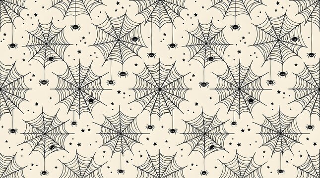 Seamless pattern with cute spiders, cobwebs and stars on beige background