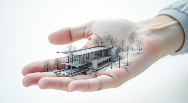 close‑up of the architect&rsquo;s model of a private house, held in the palm of his hand.